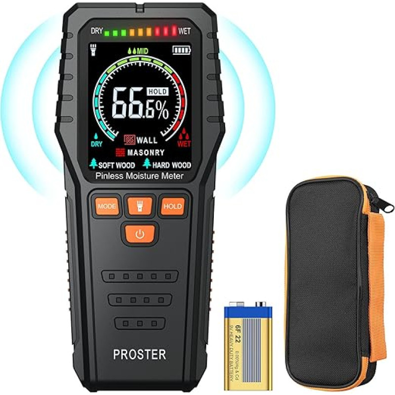 Moisture Meter Pinless Wood Moisture Meter with Colour Screen for Non-Destructive Moisture Detection on Wall Masonry Hard and Softwood up to 3/4 Inch Below the Surface