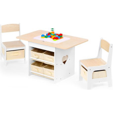 Vaikiškas stalas su 2 kėdėmis, vaikiškas sėdimųjų vietų rinkinys su laikymo vieta, žaidimų stalas, daugiafunkcinis vaikiškas stalas vaikams, vidaus stalo kėdžių rinkinys (natūralus)