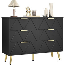 YITAHOME Komoda miegamajame, šiuolaikinė 6 stalčių, miegamojo baldai, plati komoda, medinė, miegamojo sandėliavimo spinta, slankiojantys stalčiai, biuro baldų spinta, juoda