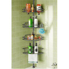 HAMITOR Telescopic Shower Caddy No Drilling, 4-Tier Metal Corner Shower Shelf, Non-Slip and Stable, Bathroom Organiser for Shampoo, Soap and Shower Gel - Adjustable from 121-314 cm, Black