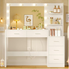 FIONESO 110 cm didelis tualetinis staliukas su dideliu veidrodžiu ir LED lemputėmis, tualetinis staliukas su 5 stalčiais, 2 atviromis lentynomis, kosmetikos staliukas mergaitėms, moterims ir miegamajam, baltas
