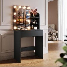 SONNI Dressing Table with LED Lighting and HD Mirror, with 10 Adjustable Brightness, 3 Colours, Dressing Tables with Drawers for Bedroom, 3 Open Compartments, Black, 70 x 40 x 140 cm
