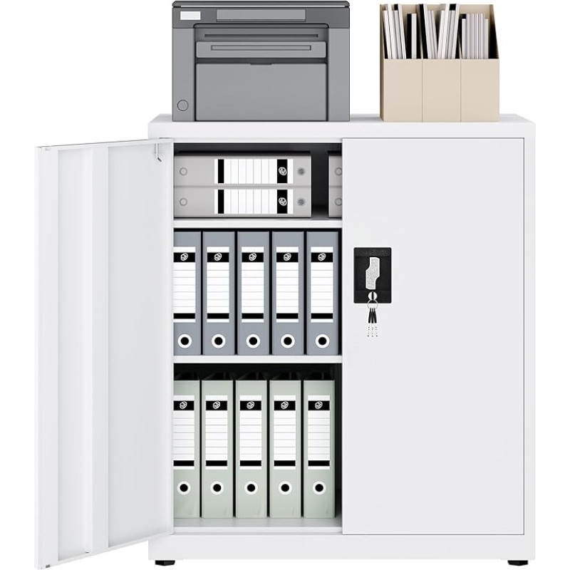 LAND-VOI Plieninė 3 lygių spintelė su užraktu Reguliuojamos lentynos Dvigubos durys Įrankių spintelė, skirta biurui, garažui, namų ūkiui, dirbtuvėms 80 x 40 x 91,5 cm, balta