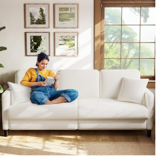 211 cm 3 vietų sofa, patogi 3 vietų sofa, Teddy Fleece sofa sofa, be įrankių surenkama sofa svetainei, medžio masyvo 3 vietų sofa, maža sofa, 2 pagalvėlės, smėlio spalvos