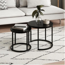 Pradžia Kolektyvinis kavos staliukas 2 apvalių medinių svetainės staliukų rinkinys Šiuolaikinis šoninių staliukų rinkinys 2 in 1 su metaliniu rėmu, skirtas svetainei, biurui, šoniniam staliukui, palėpės dizainui, dvivietis juodas