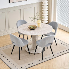 115 cm apvalus valgomojo stalas su 4 valgomojo kėdėmis, virtuvės stalas iš MDF (travertino tekstūros) ir 4 minkštos kėdės virtuvei, valgomajam, svetainei ir biurui (pilkas stalas + pilkos kėdės)