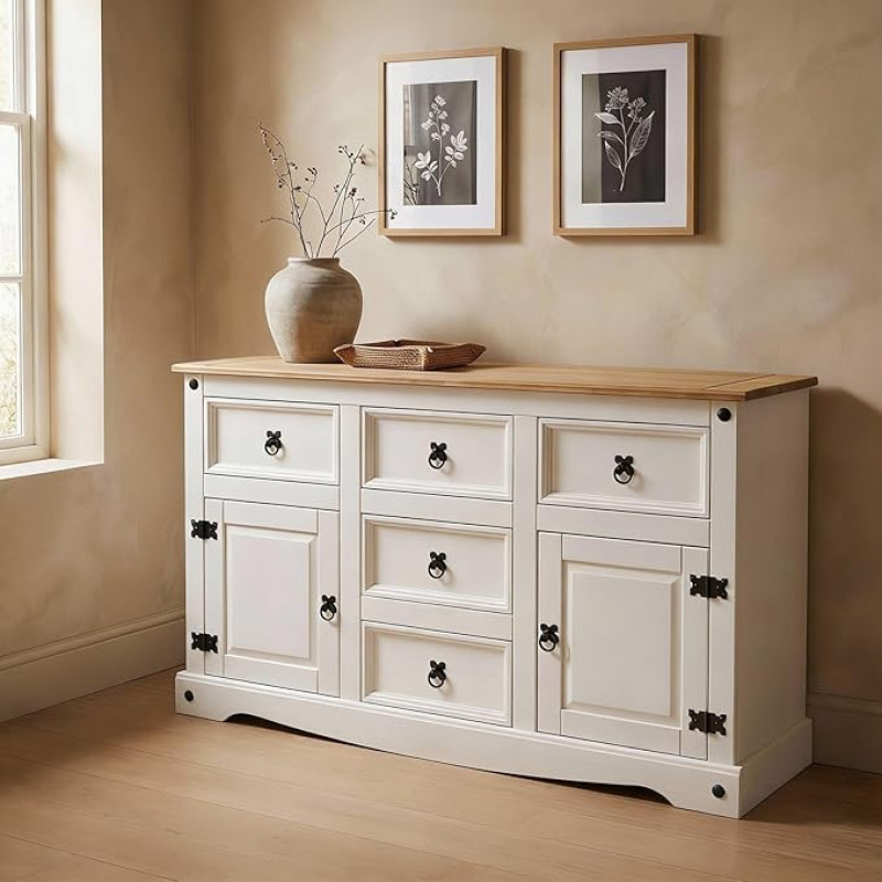 CARO-Möbel Campo Sideboard Chest of Drawers Solid Pine White Varnished 5 Drawers and 2 Doors