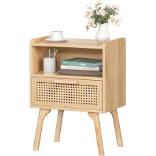 LELELINKY Rattan Bedside Table, Wooden Boho Side Table with Rattan, Decorated Drawers and Open Shelf, Small Bedside Tables, Bedside Table with Solid Legs for Living Room, Bedroom, Natural