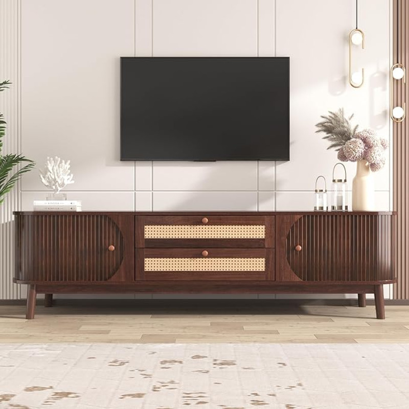 170 cm TV spintelė su durelėmis ir stalčiais, maža svetainės lentelė su rotango šonais, natūralaus kaimiško stiliaus TV spintelė, miegamojo ir svetainės TV spintelė, medžio spalva ir šviesa