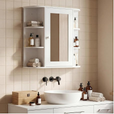 HOMCOM Vonios spintelė su veidrodinėmis durimis, vonios kambario spintelė su atviromis lentynomis, sieninė spintelė, balta, 66 x 17 x 63 cm