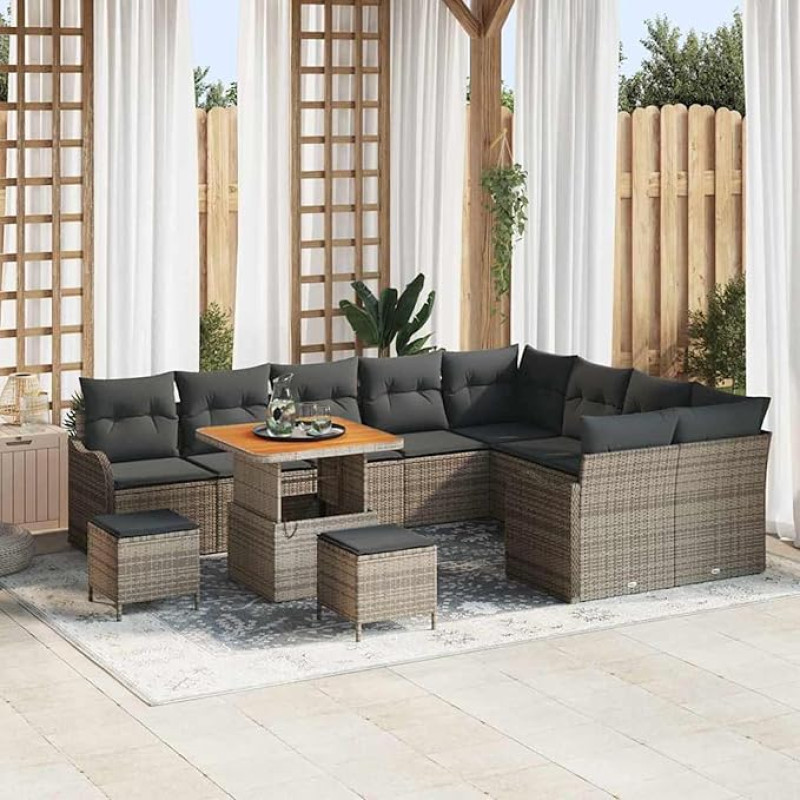 Garten-Sofa-Set aus Poly-Rattan mit Akazienholz, grau, 11 Sitzplätze, für Terrassen und Freiluft-Feiern Model3362303
