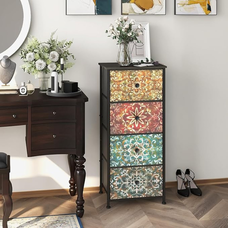 Komoda su 4 stalčiais, pagamintais iš audinio, siaura komoda, bohemiškas tualetinis staliukas, miegamojo spintelė, pramoninė spintelė gyvenamajame kambaryje, vaikų kambaryje, prieškambaryje