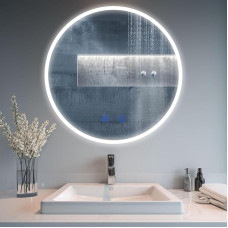 Round Illuminated Mirror 800mm Bathroom Lounge LED Mirror, 2 Touch Buttons, Separately for 3 Lights, Temperature, Brightness and Demister, Works with Wall Switch, Vertical or