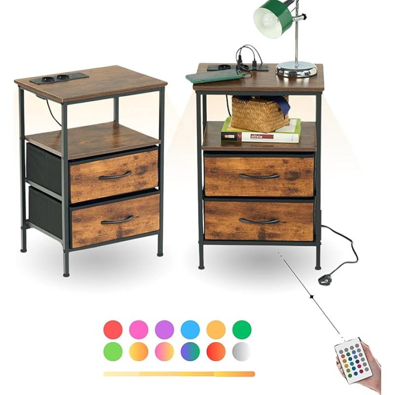 FurnitureR 2 naktinių staliukų rinkinys su LED įkrovimo funkcija, šoninis staliukas su 2 stalčiais. 2 kintamosios srovės lizdai. 2 USB prievadai Naktiniai staliukai, staleliai svetainei, miegamajam, vintažinė ruda, 40 x 30 x 60 cm
