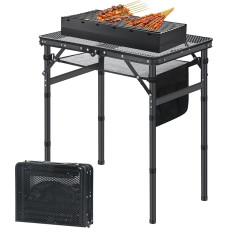 Sulankstomas stovyklavimo stalas, idealiai tinka kepsninei, piknikui, paplūdimiui, sodui, vakarėliui, grilio stalas su tinkliniu stalviršiu 60 x 40 x 26,5/41,5/67,5 cm (reguliuojamas aukštis), juodas