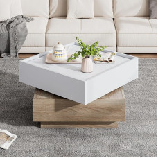 Merax Square Coffee Table, Modern 360° Rotating Living Room Table with 2 Drawers, Creative Sofa Table, Coffee Table, Side Table, Middle Table for Living Room, Office, Bedroom, White & Walnut