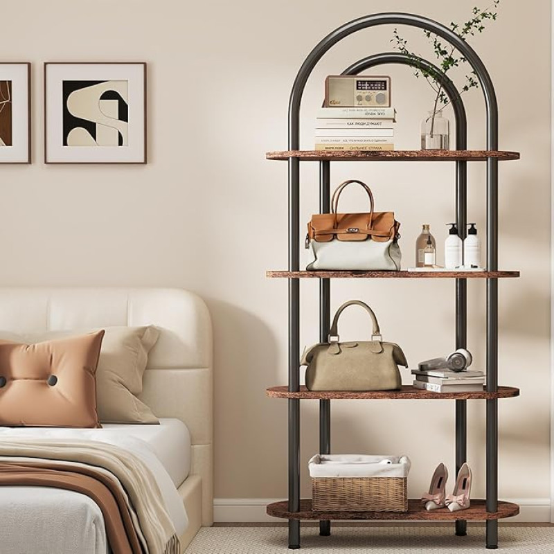 YOSHOOT 4 pakopų lenkta knygų spinta su metaliniu rėmu ir medinėmis lentynomis, 165,5 cm aukščio lentynos svetainei, kabinetui, biurui, 80 x 30 x 165,5 cm (kaimiškai ruda)