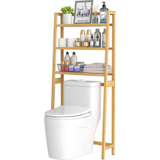 VASMIA Toilet Shelf, 3-Tier Bamboo Toilet Shelf Over the Toilet with 3 Hooks and Waterproof Foot Pads, Freestanding Over the Toilet Shelf for the Bathroom, Natural