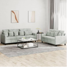 2-TLG. Sofagarnitur mit Kissen Hellgrau Samt Samt Sofagarnitur mit Hocker, Bequemes Wohnzimmer Sofa Set, Robustes Gestell
