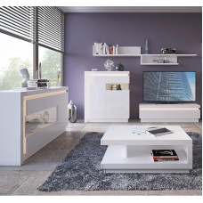 Namų baldų komplektas Baltas blizgus su netiesioginiu apšvietimu, kurį sudaro bufetas, aukštutinė lenta, 2 sieninės lentelės ir televizoriaus žemutinė lenta