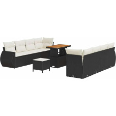 11-teiliges Garten Sofa Set mit Kissen Schwarz Poly Rattan Akazie, 3-teiliges Garten Esstisch Set mit Kissen Schwarz Poly Rattan Akazie Gartenlounge Model3361850