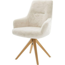 DELIFE Zelia-Flex valgomojo kėdė su porankiais Medinis rėmas Kampinis natūralus pliušinis kreminis baltas 180° pasukamas kišeninių spyruoklių branduolys