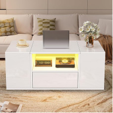 Wiuzo Coffee Table 100 x 50 x 40 cm, Side Table with One Drawer, One Sofa Table with Two Cabinets, One High-Gloss Living Room Table with LED Light Strips, Coffee Table with 6 Storage Compartments