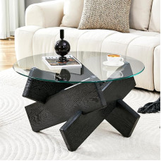 JUFU Round Coffee Table Glass Modern with Tempered Glass Surface and MDF Frame in Wood Look, Coffee Table for Bedroom, Living Room (Black)