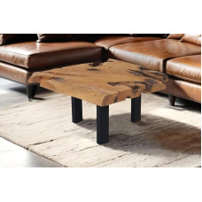 SAM Ibiza kavos staliukas, šoninis staliukas iš šaknų medienos, tikmedžio masyvas + natūrali mediena, sofos staliukas su metalinėmis kojelėmis, juodas, 80 x 80 x 40 cm