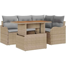 5-teiliges Garten Sofa Set mit Kissen Beige Poly Rattan Akazie, 2-Sitzer Garten Sofa mit Kissen Beige Poly Rattan Gartenlounge Modelis3349454