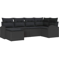 6-teiliges Garten Sofa Set mit Kissen Schwarz Poly Rattan, 2-Sitzer Garten Sofa mit Stauraum und Kissen Schwarz Poly Rattan Gartenlounge Modelis3354782