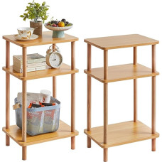 Medinis šoninis stalas 3 pakopų plonas Burlywood naktinis staliukas Sofos stalas gyvenamajam kambariui Boho mažas šoninis stalas su 3 sluoksnių laikymo lentynomis miegamajam 2 paketas