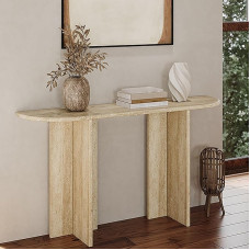 Konsolentisch Schmal für Eingangsbereich, Beistelltisch Schmal aus Naturtravertin, Flurtisch für Flur, Schlafzimmer, Wohnzimmer, Foyer, T-Förmige Beine, Einfache Montage(160x30x75 cm/63x12x30 in)