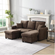 Daugiafunkcinė kampinė U formos 3 sėdimųjų vietų minkšta sofa su laikymo funkcija - apima stalčius + taburetes su laikymo skyriumi, modulinis išardomas sofos komplektas su miego funkcija