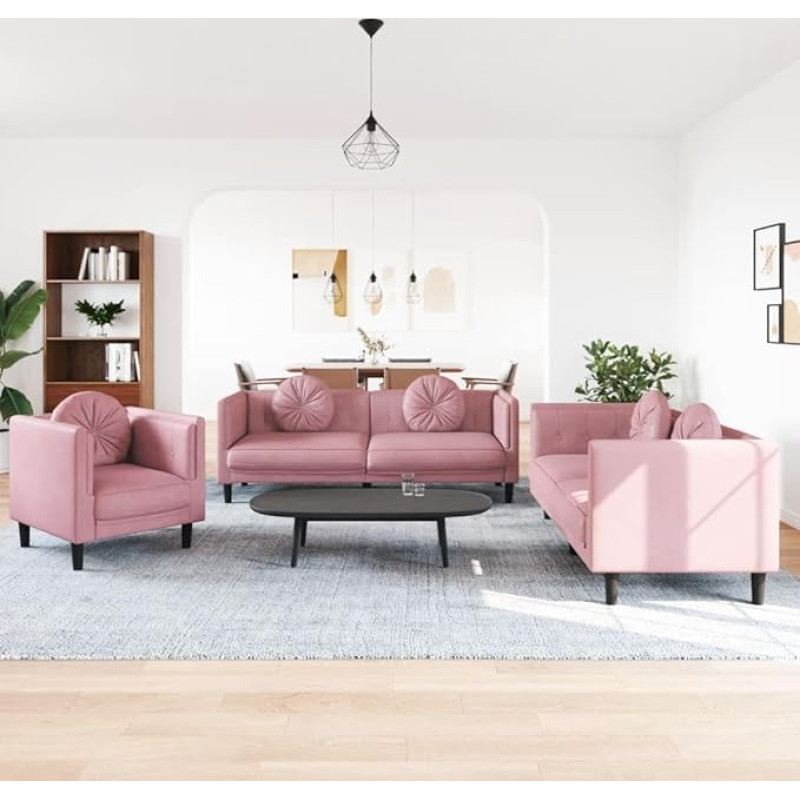 3 dalių sofos komplektas su pagalvėle Minkšta sofa Lounge Sofa Svečių sofa Svetainės sofa Sofa Kanapė Sėdynės baldai gyvenamajame kambaryje Biuras Priėmimas Rožinis aksomas