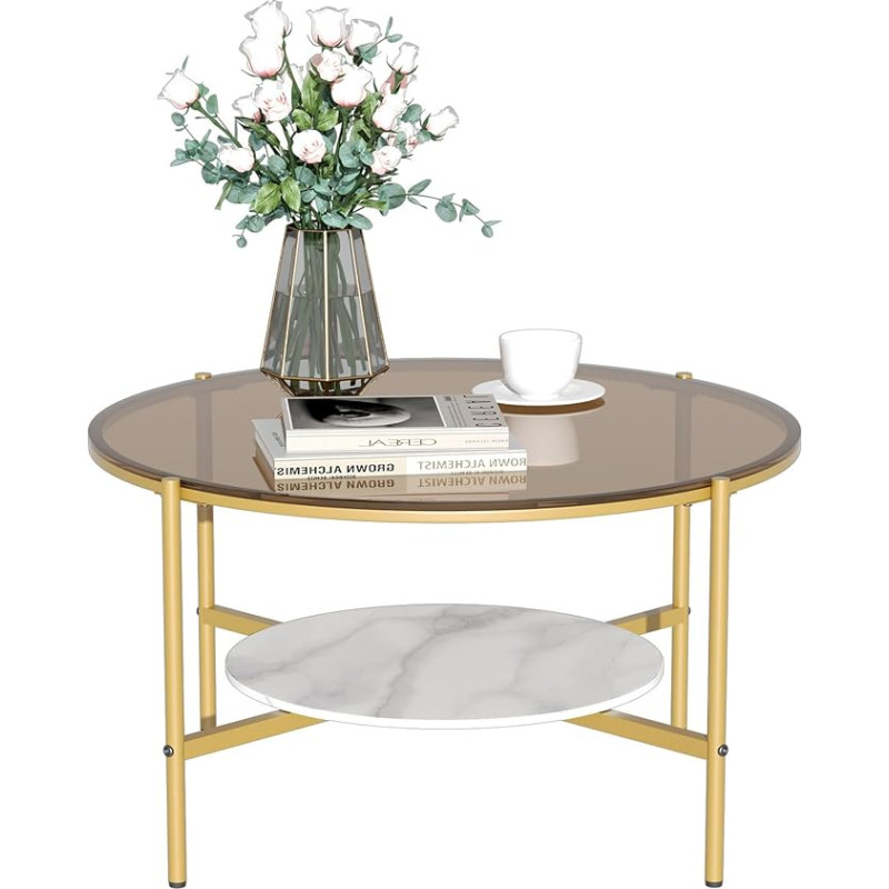 Apvalus auksinis stiklinis kavos staliukas su 2 lentynomis Apvalus svetainės stalas su marmuriniu mažo stalviršio paviršiumi Modernus sofos staliukas su auksiniu metaliniu rėmu 80 x 80 x 47,5 cm