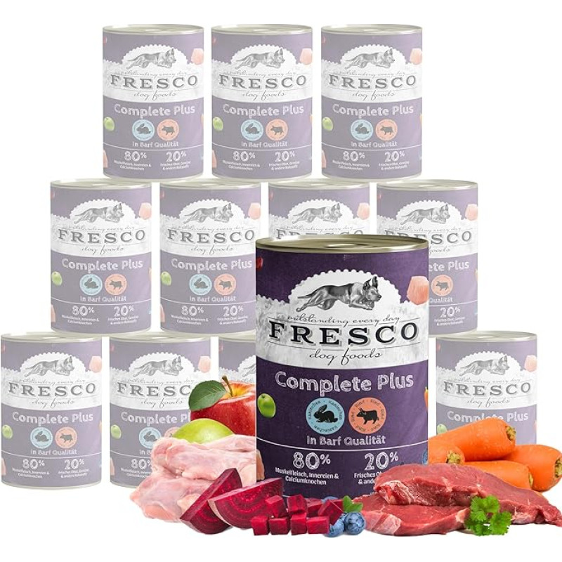 FRESCO Dog NassBarf Triušiena su jautiena 12 x 400 g Šunų ėdalas šlapias be grūdų 80% šviežios mėsos šlapias ėdalas šunims be dirbtinių priedų iš Vokietijos