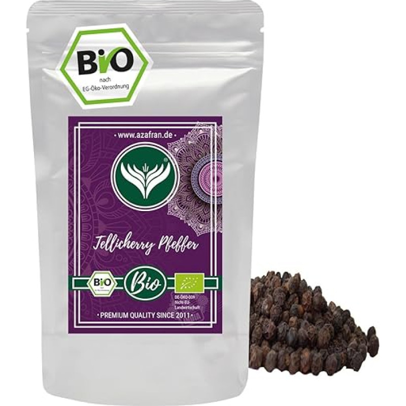 Azafran Ekologiški Tellicherry pipirai sveiki, juodieji (Malabaras) pipirai 250 g