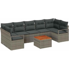 8-teiliges Garten-Sofaset mit Kissen Grau Poly-Rattan Akazie, 2-Sitzer Garten-Sofa mit Kissen Grau Poly-Rattan Gartenlounge Modelis3347671