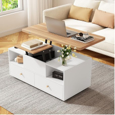 Soweiz Höhenverstellbarer Couchtisch mit Klappfunktion und 4 Schubladen, Hydraulik-Hubtisch, beweglicher Wohnzimmertisch mit Universalrollen, 100 x 50 x 47,5 cm