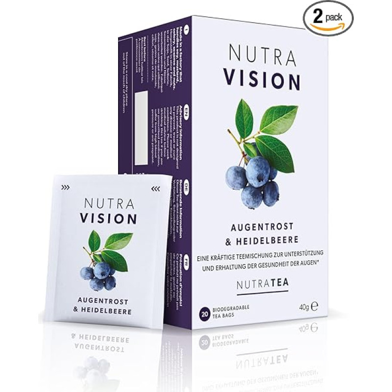 Nutra Tea Nutravision Eyebright arbata padeda išlaikyti optimalų regėjimą, mažina akių sudirgimą ir nuovargį, 40 daugkartinio naudojimo arbatos maišelių, žolelių arbata su žaliąja arbata ir kiviais