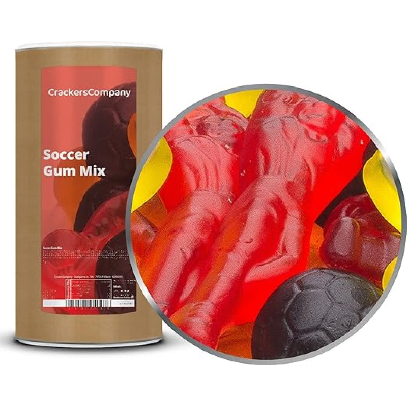 2 x 1 kg vaisių gumos, futbolo mišinys su kamuoliu ir trofėjumi, raudonos, juodos, geltonos spalvos, skirtas pasaulio ir Europos čempionatų vakarėliams, be glitimo, be laktozės