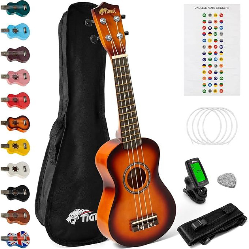 Tiger Soprano ukulelė pradedantiesiems, su ukulelės krepšiu, sunburst