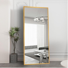 Viso kūno veidrodis 180 x 80 cm veidrodis su auksiniu metaliniu rėmu Grindų veidrodis HD veidrodis Didelis sieninis veidrodis su kabliukais svetainei, miegamajam ir drabužinei