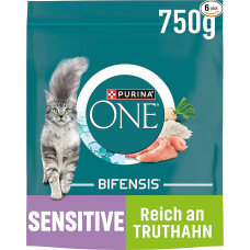 PURINA ONE Bifensis Sensitive sausas kačių maistas, gausus kalakutienos, 6 vnt. (6 x 750 g)
