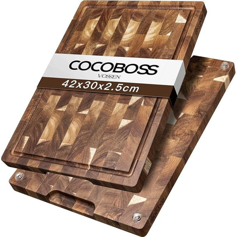 COCOBOSS Didelė medinė pjaustymo lenta, 42 x 30 x 2,5 cm, medinė pjaustymo lenta, virtuvės lenta, pagaminta iš akacijos medienos, aukščiausios kokybės virtuvės lentelė, virtuvės medinė lenta, neslystančios kojelės XXL