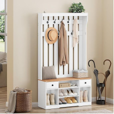 YITAHOME Drabužių stovas su batų suoleliu, drabužių spinta, prieškambario kabykla su 9 kabliukais ir 2 medžiaginiais stalčiais, skirta prieškambariui ir svetainei, batų spintelė, 100 x 35 x 180 cm, mediena, balta