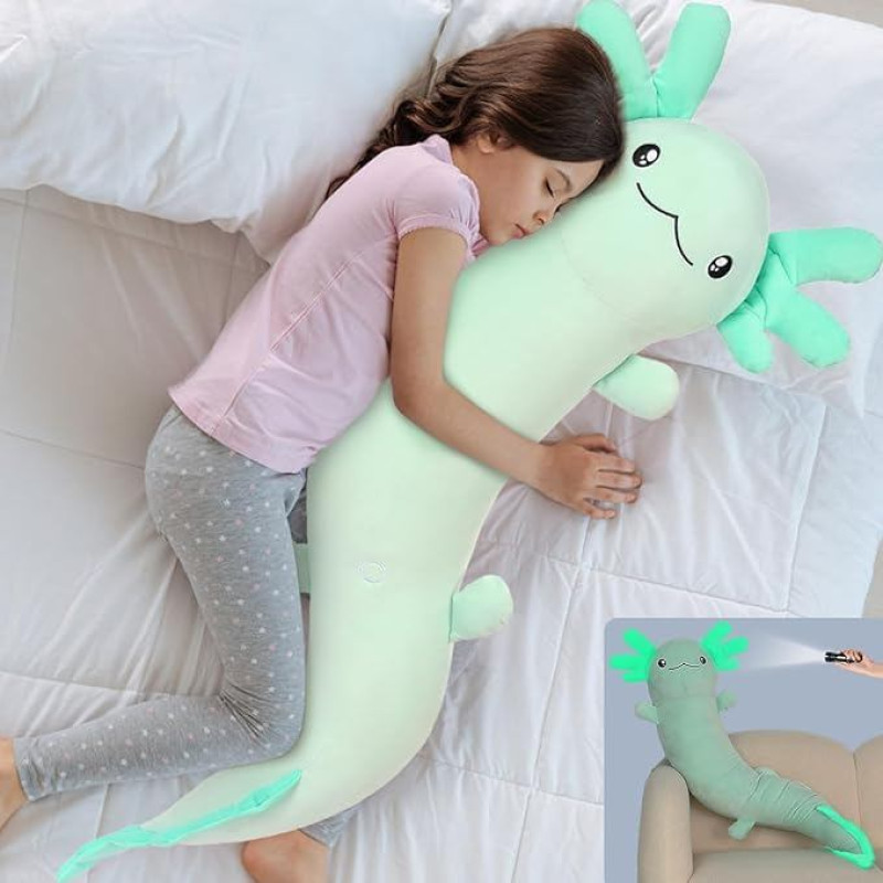 MorisMos Axolotl Cuddly Toy XXL Pillow, gimtadienio dovana vaikams, kūdikiams, žalia, 122 cm ilgio