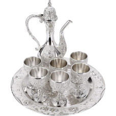 Vintage Exquisite Metal Wine Glass Jug Set, Retro Turkish European Style Craft Teapot Wine Pot Kit with 6 Luxury Coffee Cups & Craft Tea Tray for Serving Coffee