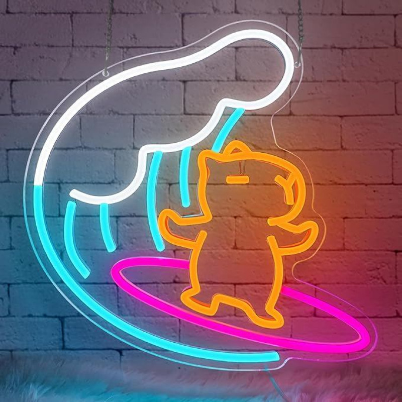 Surfing Capybara Neon Sign Cute Animal Dimmable LED Signs for Children's Room USB Capybara Night Light Funny Neon Sign for Children's Room Playroom Bar Beach Party Gift